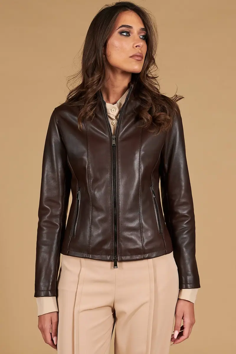 D'Arienzo Giacca in pelle testa di moro effetto liscio colletto coreana, Seleziona, Colore Testa di moro