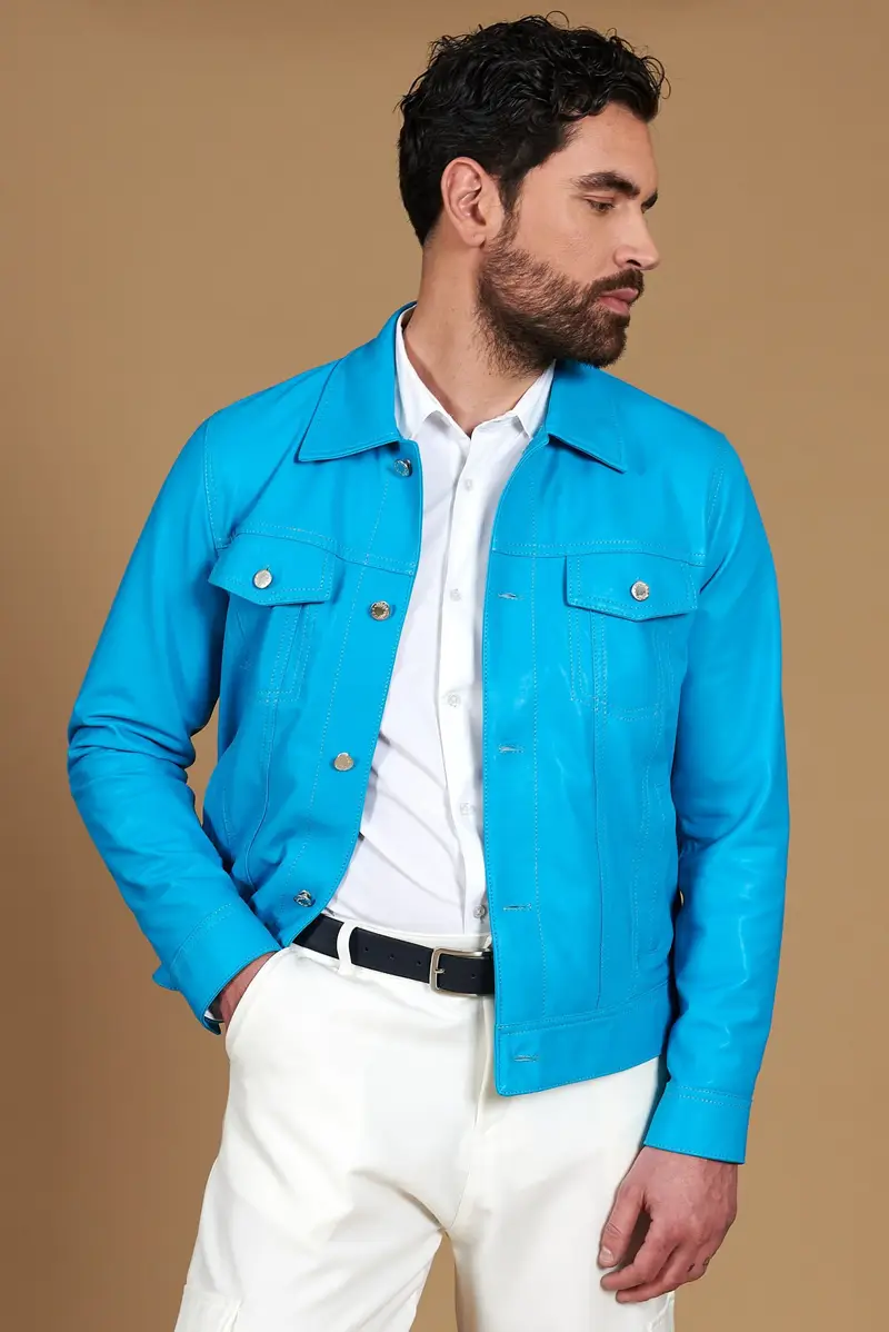 D'Arienzo Giacca pelle naturale turchese con bottoni e collo camicia, Seleziona, Colore Turchese