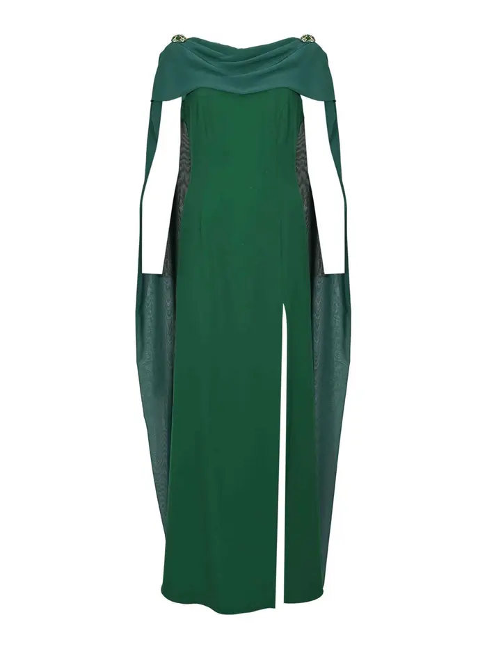 Vestito Lungo In Crepe Con Collo A Mantella Verde