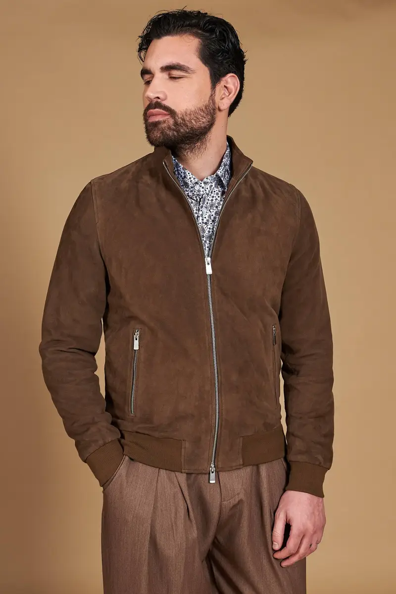D'Arienzo Giubbotto bomber in pelle camoscio fango tono su tono, Seleziona, Colore Fango