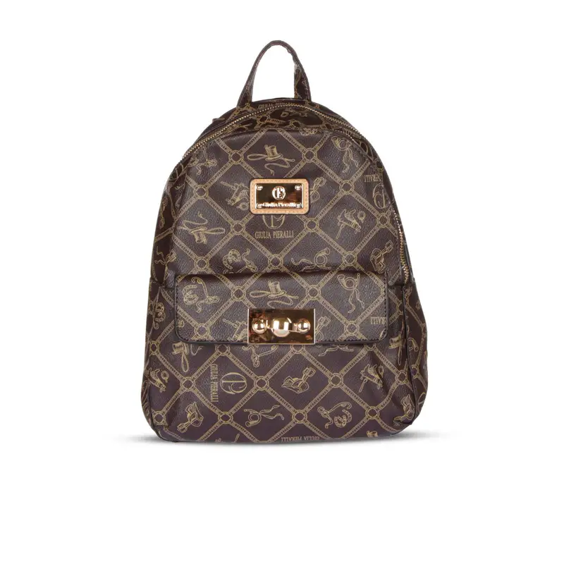 GIULIA PIERALLI Zaino marrone caffè e oro con stampa loghi e tasca esterna