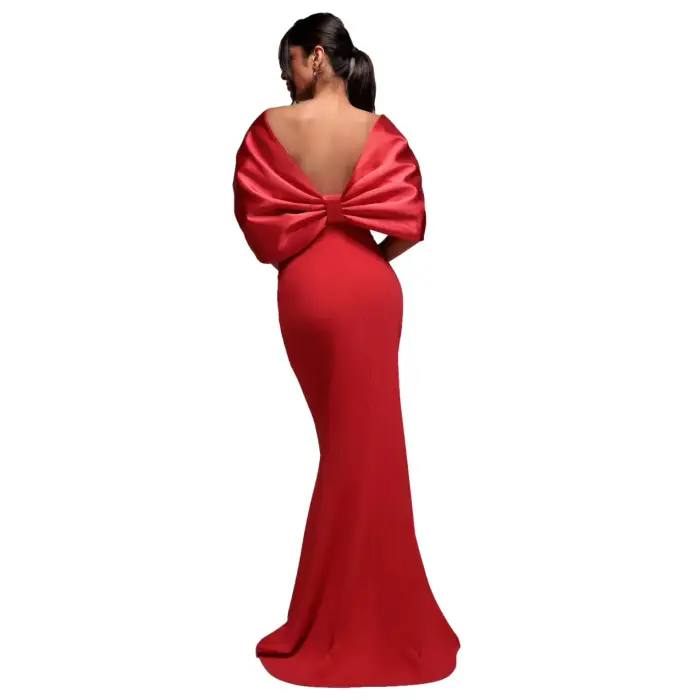 Goddiva Abito aderente lungo con spalle scoperte e fiocco sulla schiena donna Scuba Rouge