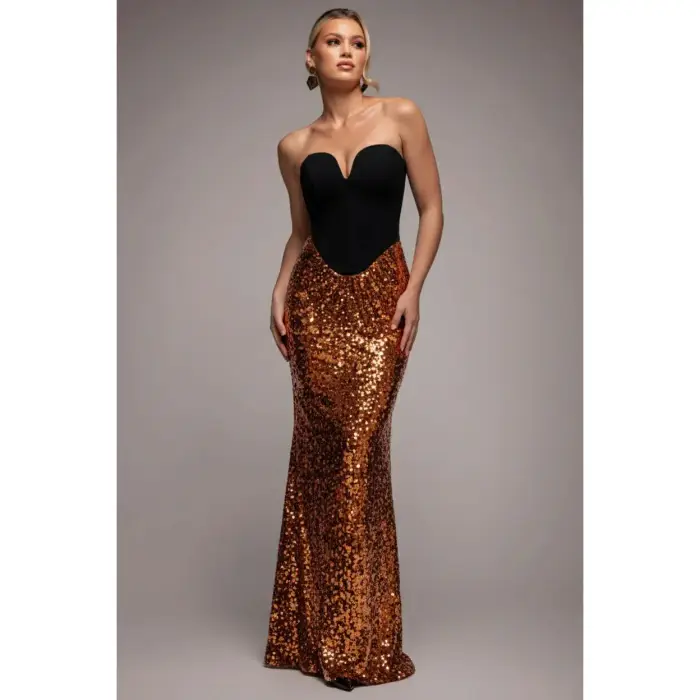 Goddiva Abito bustier in crepe e paillettes donna Scuba Bronze