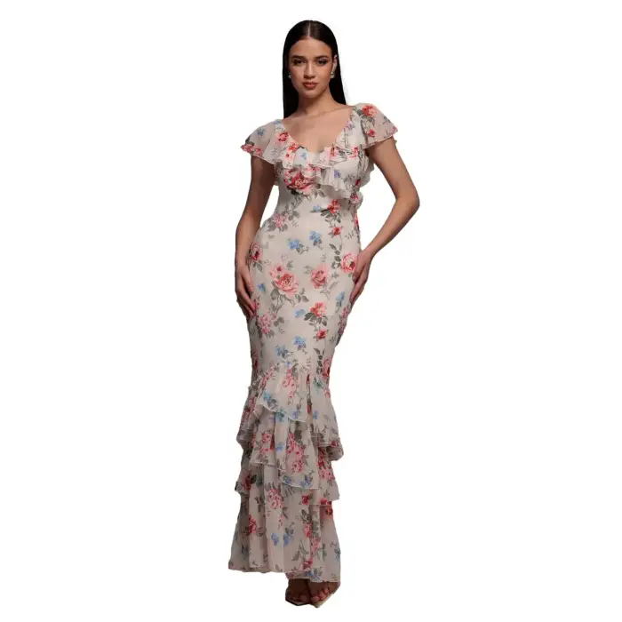 Goddiva Abito in mussola stampato floreale donna Beige