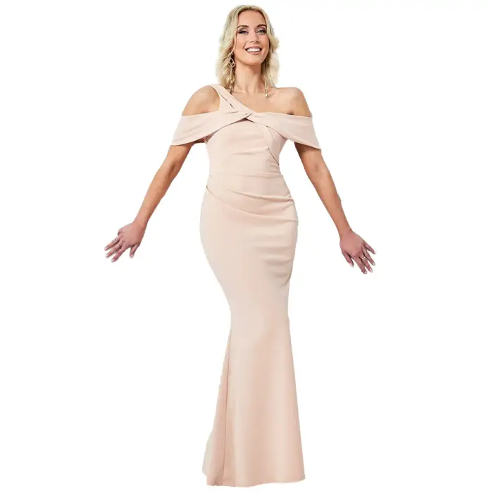 Goddiva Abito maxi asimmetrico con nodo su una spalla donna Beige