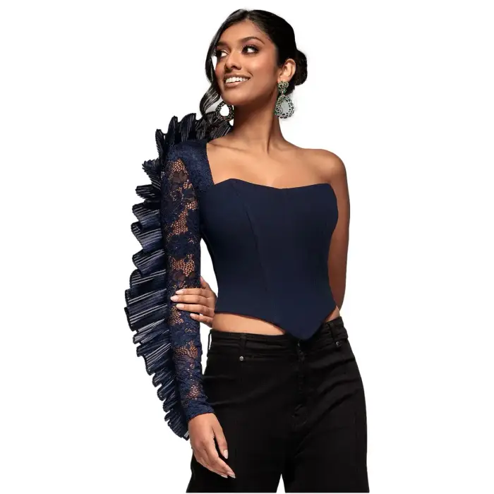 Corsetto asimmetrico a pieghe a ventaglio con volant donna Goddiva Bleu