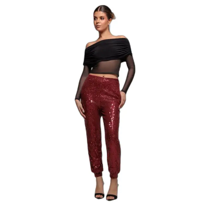 Pantaloni da donna Goddiva Sequin Cuffed Ankle Rouge