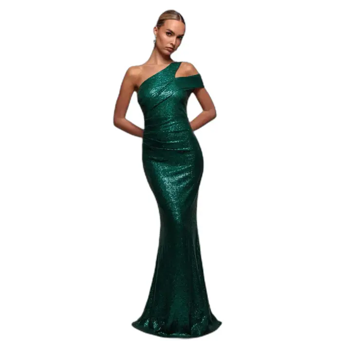 Robe aderente lunga da sera con paillettes e spalla unica donna Goddiva Vert