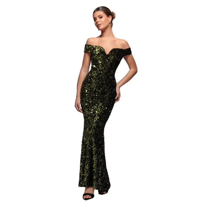 Goddiva Robe aderente lunga da sera donna Bardot Vert