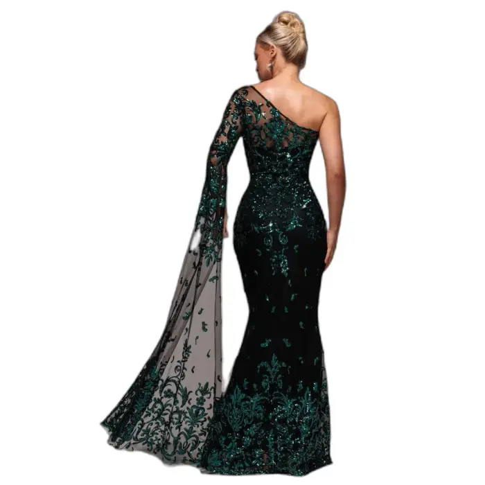 Goddiva Robe da sera asimmetrica a paillettes e rete donna Maxi Bleu