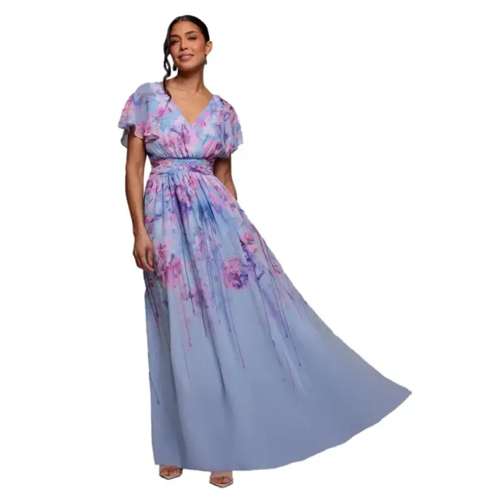 Goddiva Robe longue imprimée en mousseline soyeuse a maniche a farfalla donna Bleu