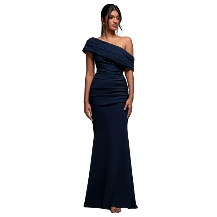 Goddiva Robe moulante maxi plissée asymétrique à épaule Bardot cintrée et évasée donna Bleu