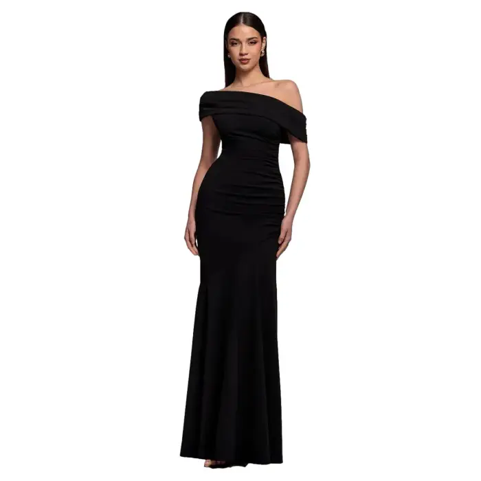 Goddiva Robe moulante maxi plissée asymétrique à épaule Bardot cintrée et évasée donna Noir