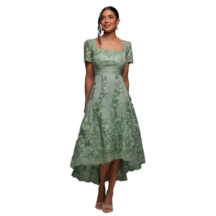 Goddiva Robe moulante midi asymétrique in pizzo ricamato a col scallop donna Vert