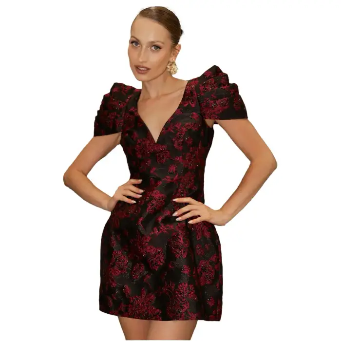 Goddiva Robe moulante mini jacquard a scollatura profonda e maniche plissées donna Noir