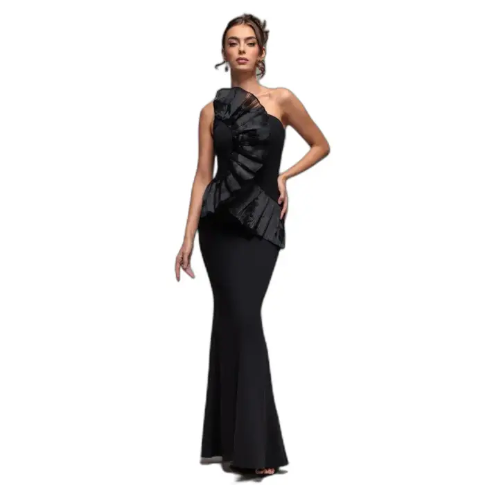 Robe moulante plissée en éventail a spalla unica donna Goddiva Noir