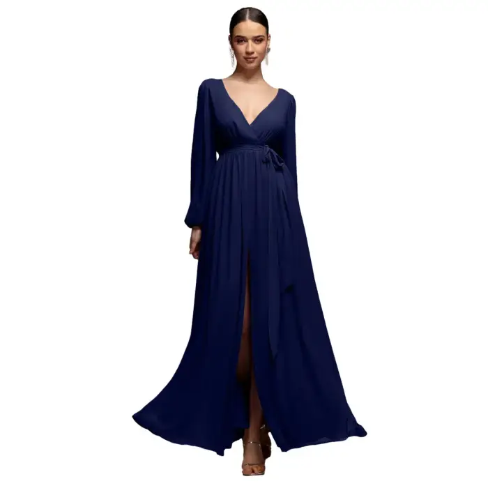 Goddiva Robe portefeuille lunga in mousseline sostenibile con spacco davanti donna Bleu