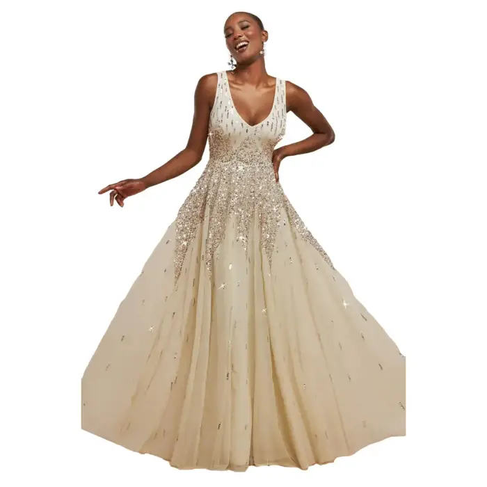 Robe portefeuille lunga senza maniche con paillettes decorate a mano donna Goddiva Sunray Blanc