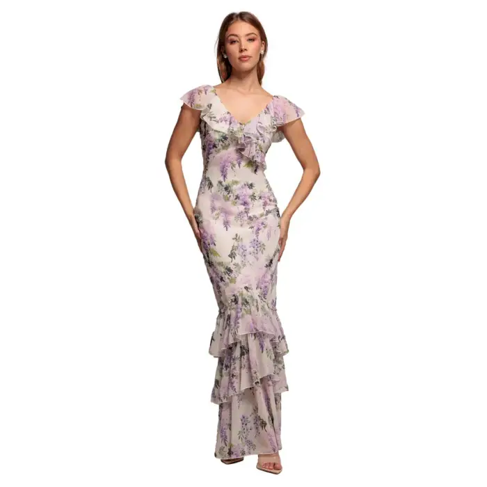 Robe stampata con volant al collo e all orlo donna Goddiva Rose