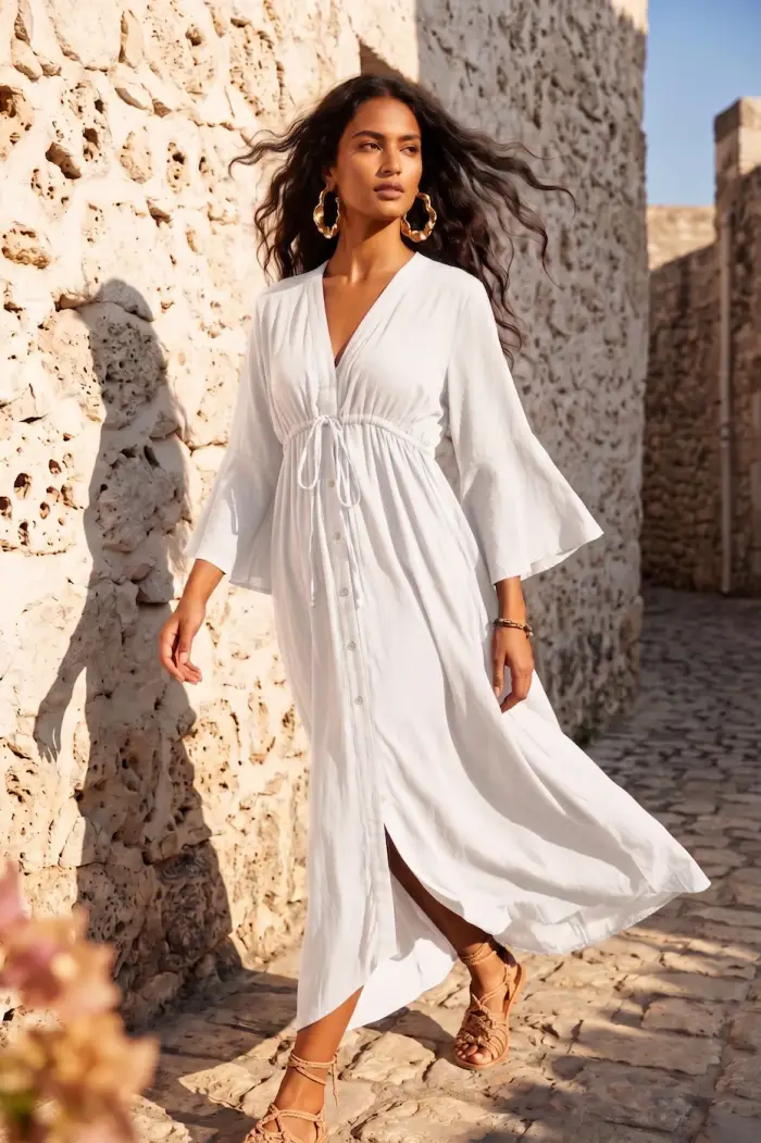 Golden Sirena ABITO LUNGO CON MANICHE A CAMPANA | Colore Bianco