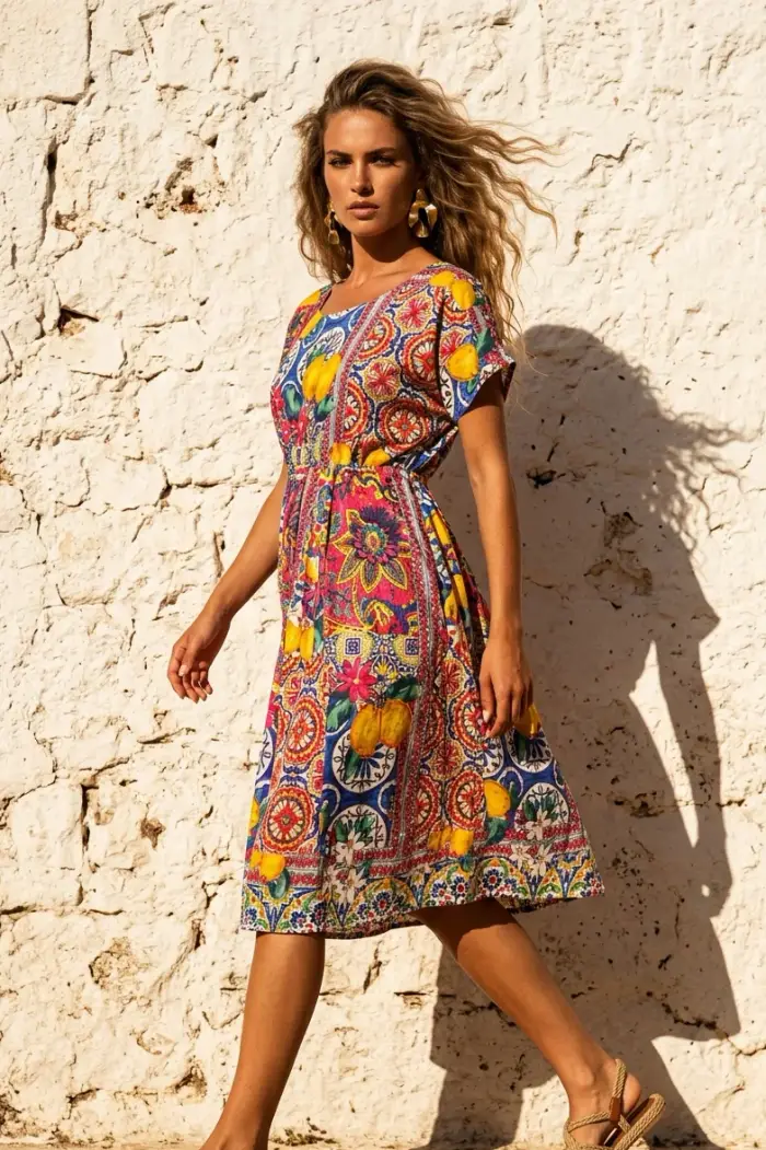 Golden Sirena ABITO MIDI CON STAMPA MAIOLICHE | Colore Maiolica