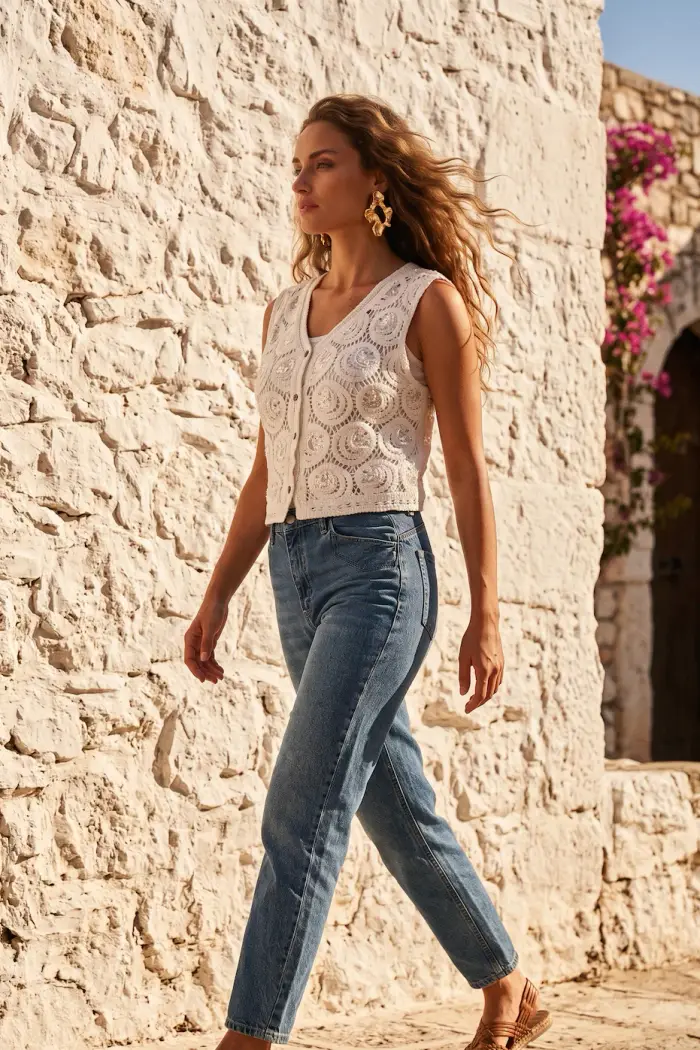 Golden Sirena GILET IN PIZZO ALL UNCINETTO | Colore Bianco