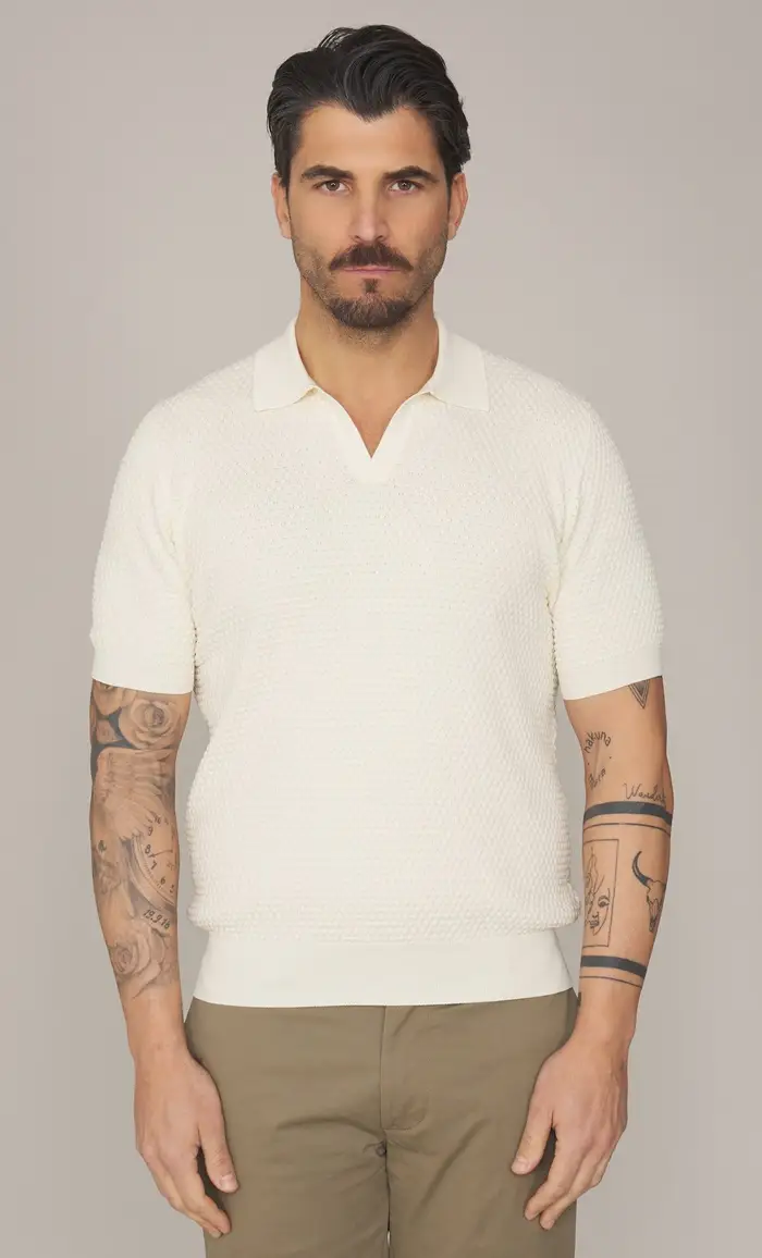 GRAN SASSO Polo skipper punto pannocchia in puro cotone, colore panna