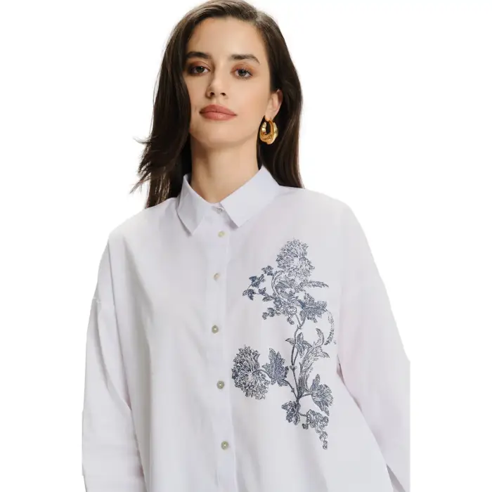 Camicia maniche lunghe con motivi floreali donna Greenpoint Blanc