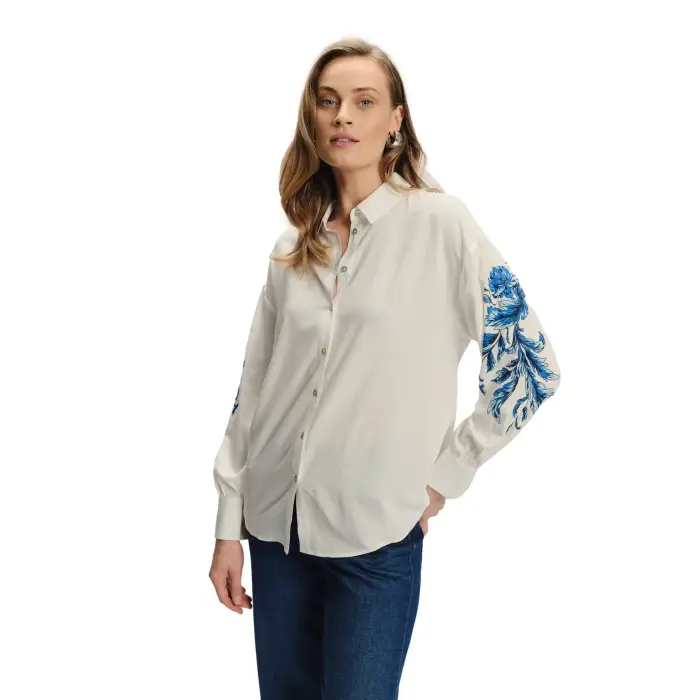 Camicia motivo floreale maniche lunghe donna Greenpoint Blanc