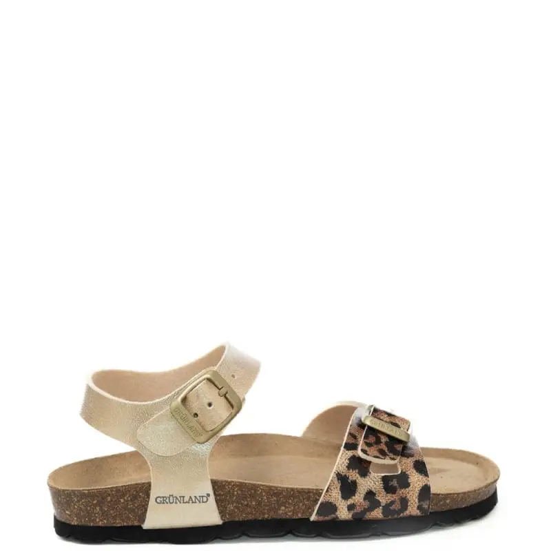 Grunland sandali da bambina luce con fascia frontale animalier, cinturini regolabili e maxi fibbie platino
