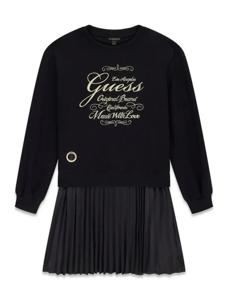 abito junior in cotone nero con gonna integrata e logo frontale