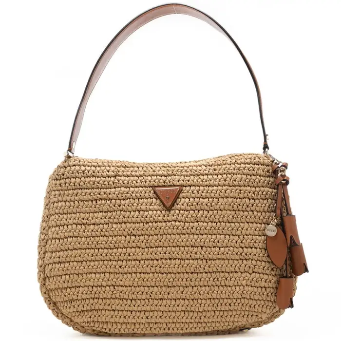 borsa a spalla da donna in tessuto intrecciato con dettagli in cuoio natural cognac