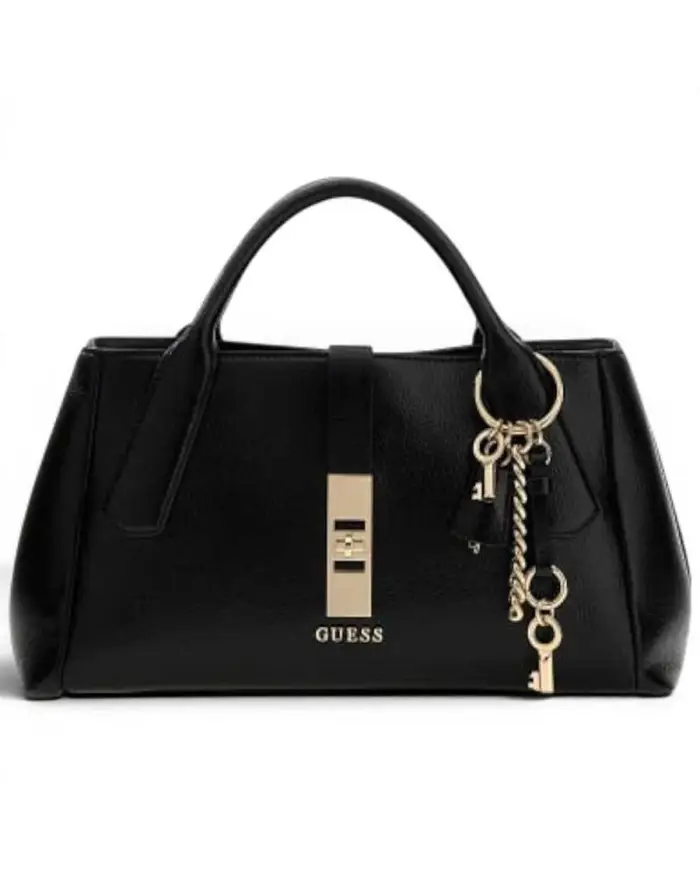 Guess Borsa Brooke High Society Satchel Donna Nero in Materiale Sintetico con Charm e Logo BLACK