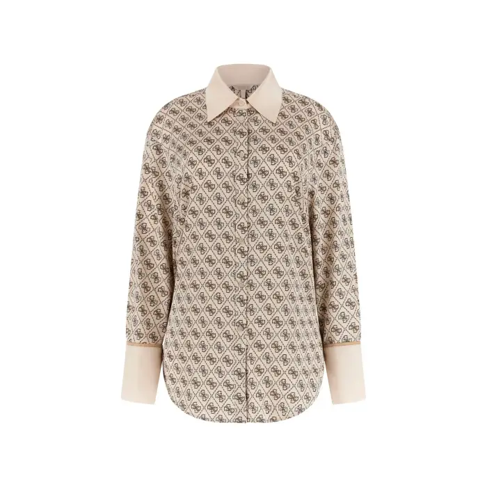 Camicia da donna a maniche lunghe Guess Logo All-over Beige