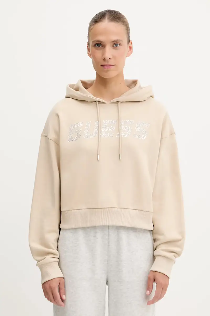 Guess felpa in cotone PRIMULA donna colore nero con cappuccio con applicazione V5GQ09 KCRP0 Beige