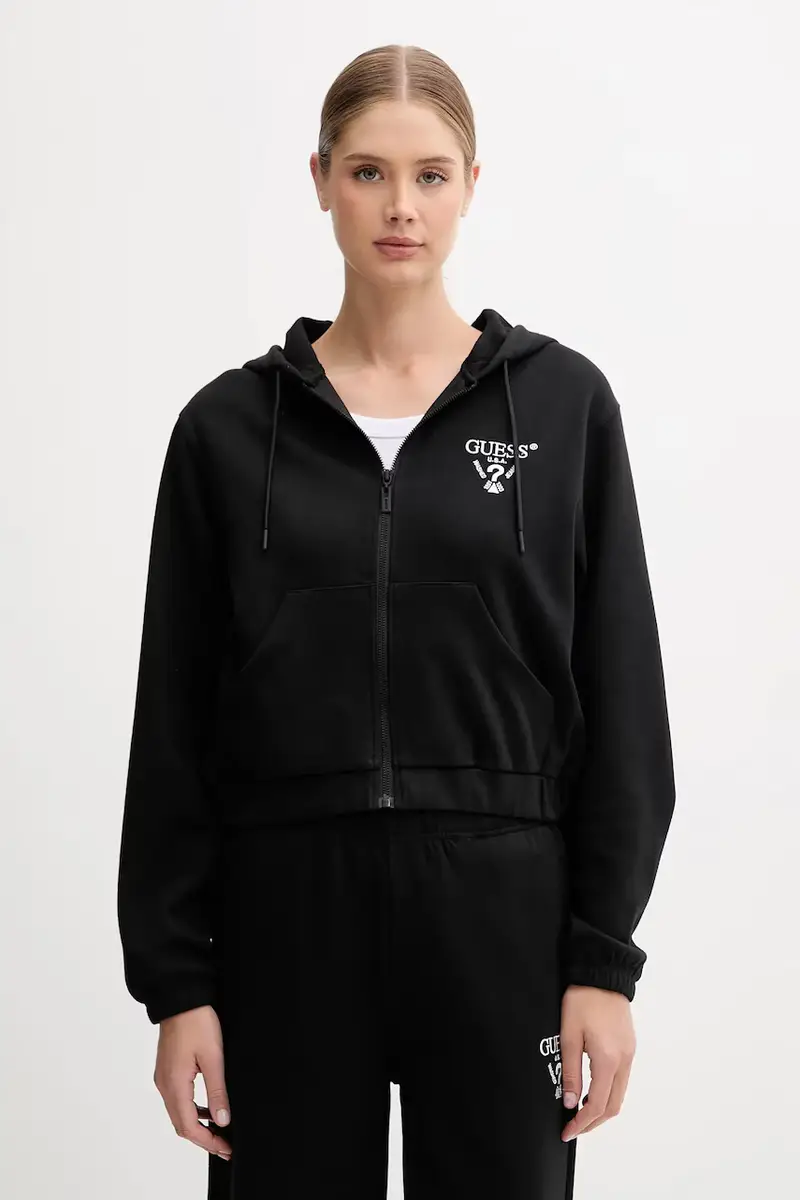 Guess felpa ROBERTA donna colore nero con cappuccio con applicazione V5RQ20 KC3D2