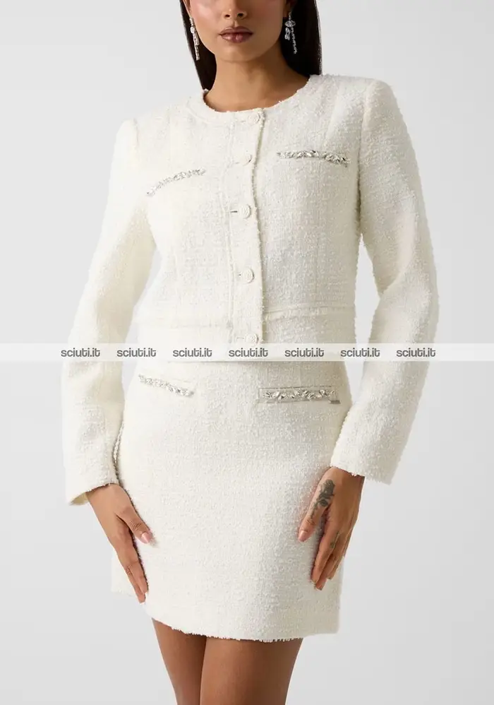 Giacca Guess donna bianca in tweed dettagli gioiello