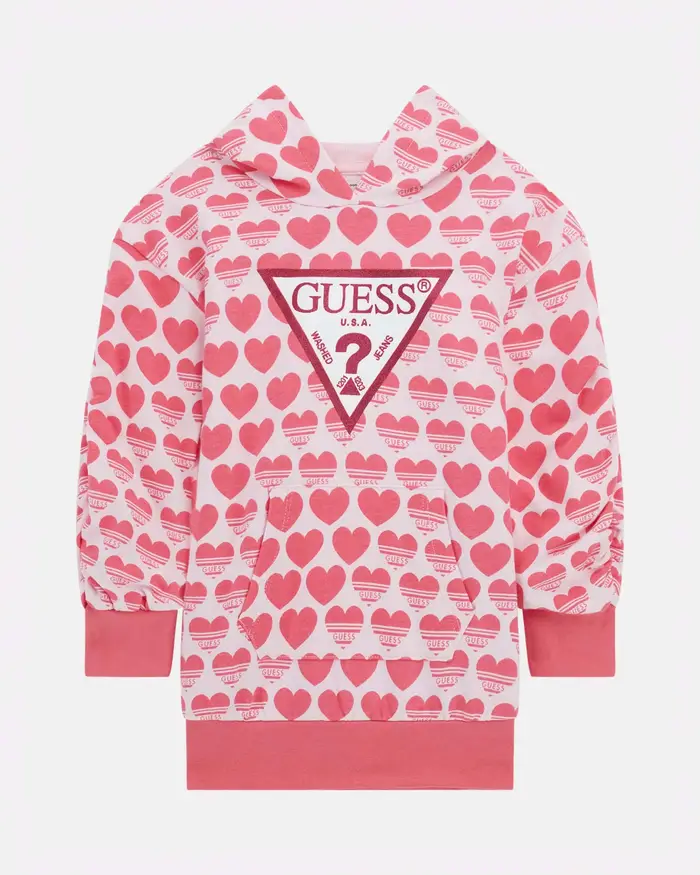 Abito a maxi felpa rosa in puro cotone con cappuccio e motivo a cuori