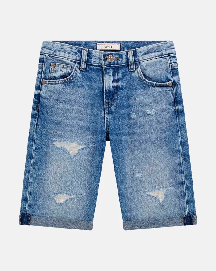 Bermuda Guess Kids jeans blu stone washed in misto cotone con abrasioni