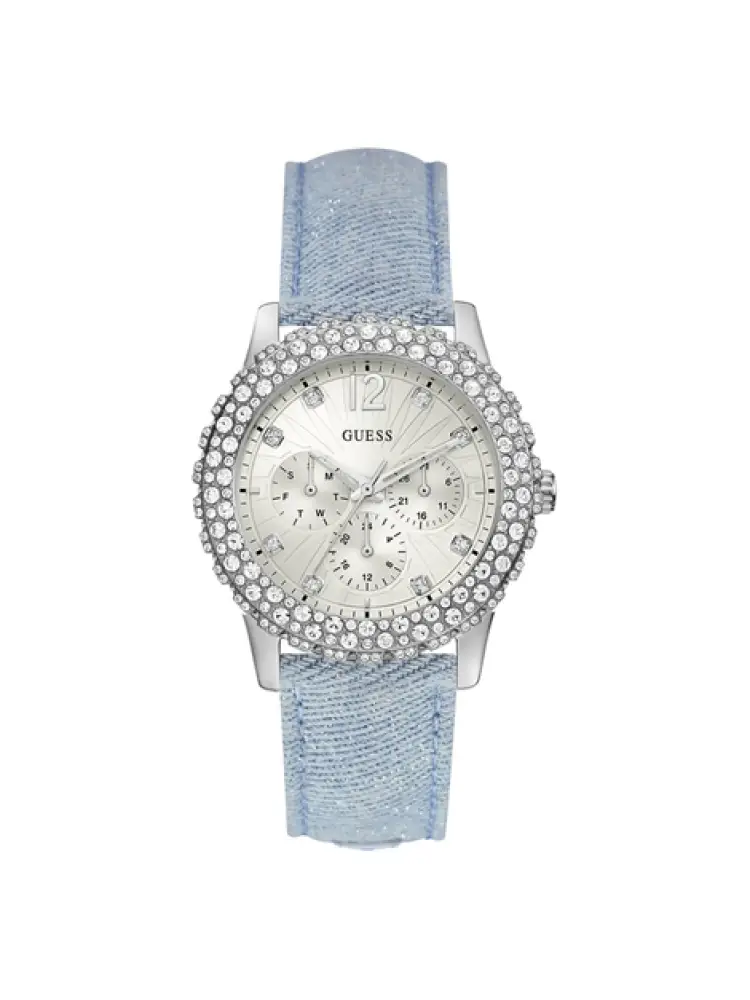 orologio al quartzio con quadrante argente e ghiera con pietre e cinturino in denim chiaro