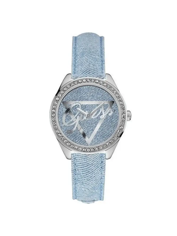 orologio quadrante con logo ghiera con pietre e cinturino in pelle blu