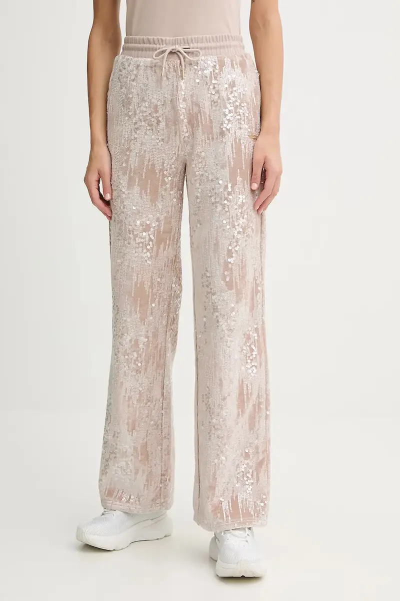 Guess pantaloni da tuta in velluto donna colore beige con applicazione V5BB01 K1922