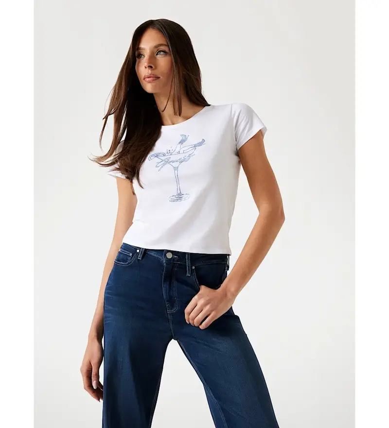 Guess per donna W5YI31K9RM1 Maglietta con logo in strass bianchi, Bianco, Casual, Sintetico, Manica corta