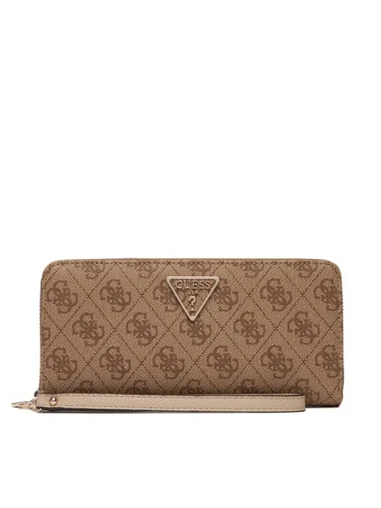 Guess portafoglio grande da donna laurel ii zip around in ecopelle beige scuro logo all over