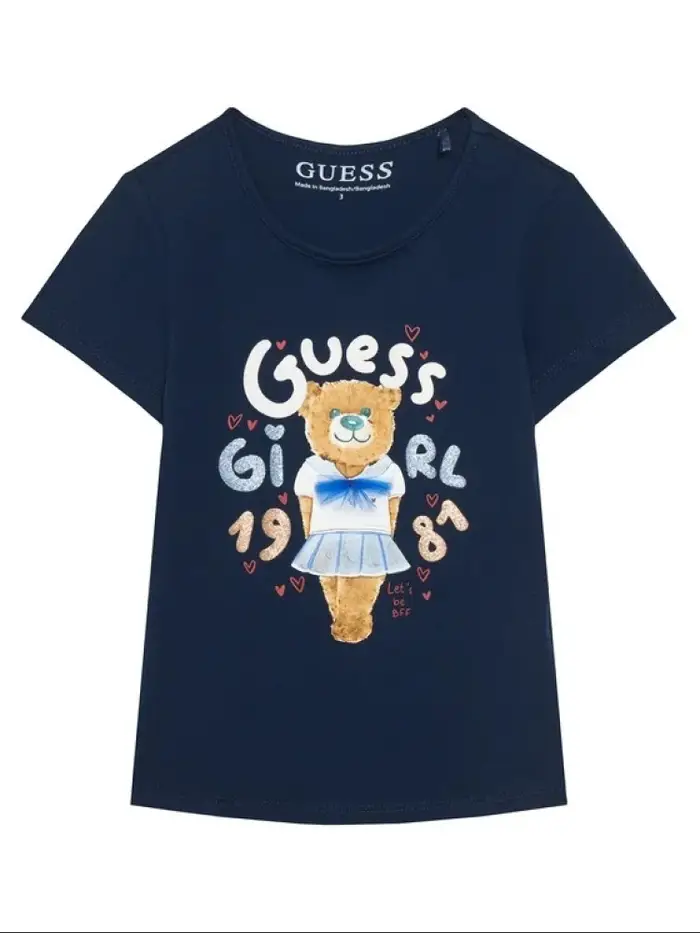 Guess t-shirt infant in cotone blu con stampa teddy e logo
