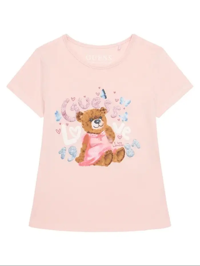 Guess t-shirt infant in cotone rosa con stampa teddy e logo