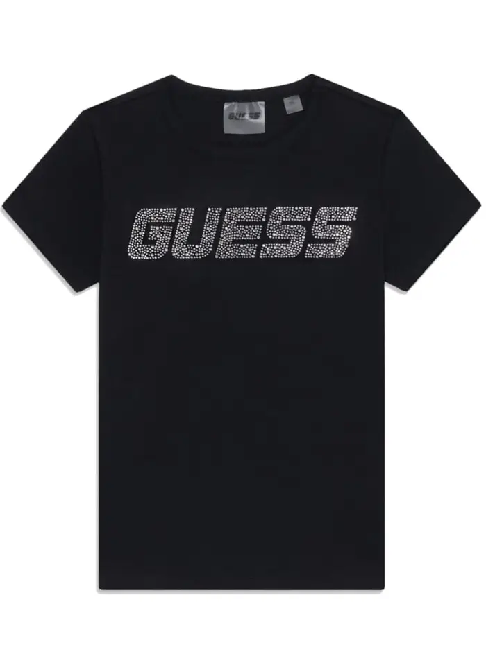 Guess tshirt nera bambina maxi logo con strass