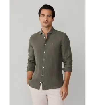 Hackett London per uomo HM3010636 Camicia di lino verde ESS GMD, Casual, Manica lunga