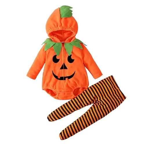 Generico Halloween Set Neonato Pagliaccetto con Cappuccio Manica Lunga Zucca Pantaloni con Piedi A Righe Abbigliamento Autunno