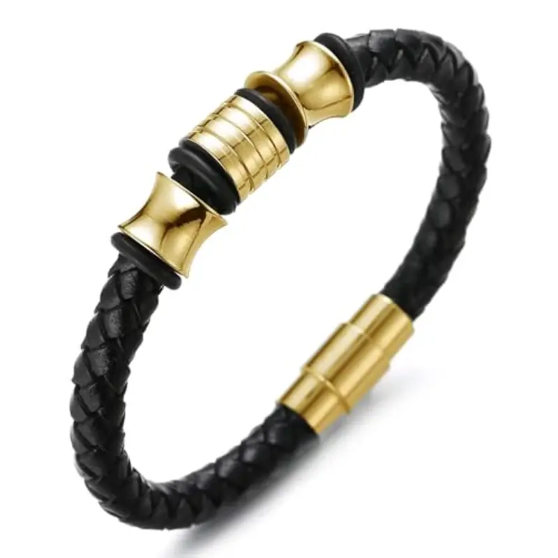 HALUKAKAH Bambini ? Onore Junior ? Bracciale Ragazzo Maschio in Vera Pelle Cuoio Nero 6-12 Anni Perle in Oro Argento